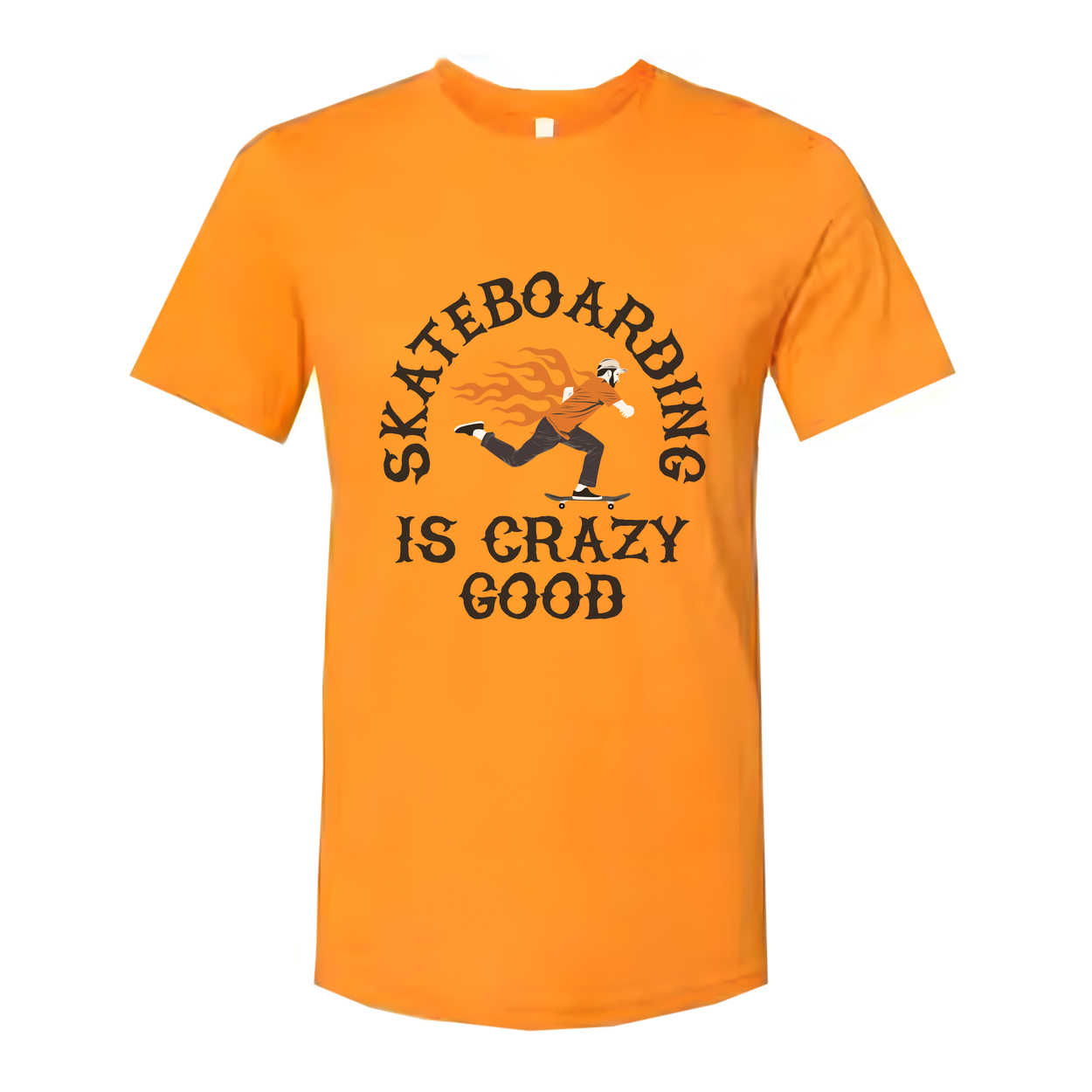 Unisex Skateboarding Graphic T Shirt With Flaming Skater Illustration And Is Crazy Good Text