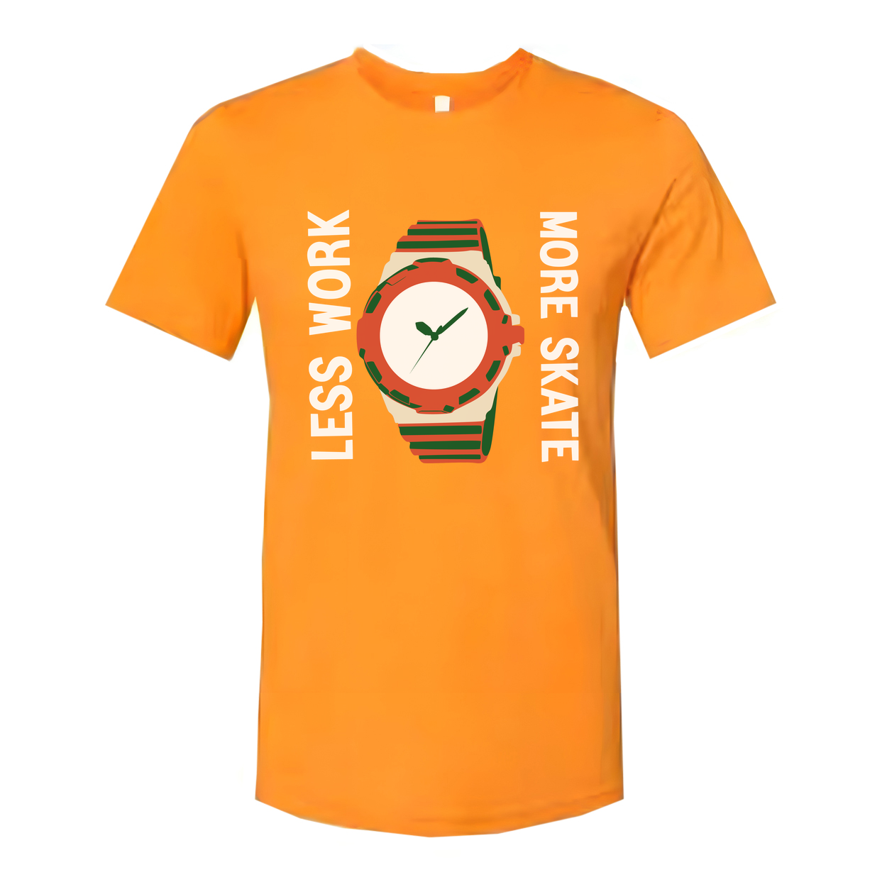 Unisex Skateboard Graphic T Shirt With Colorful Watch Illustration And Less Work More Skate Slogan