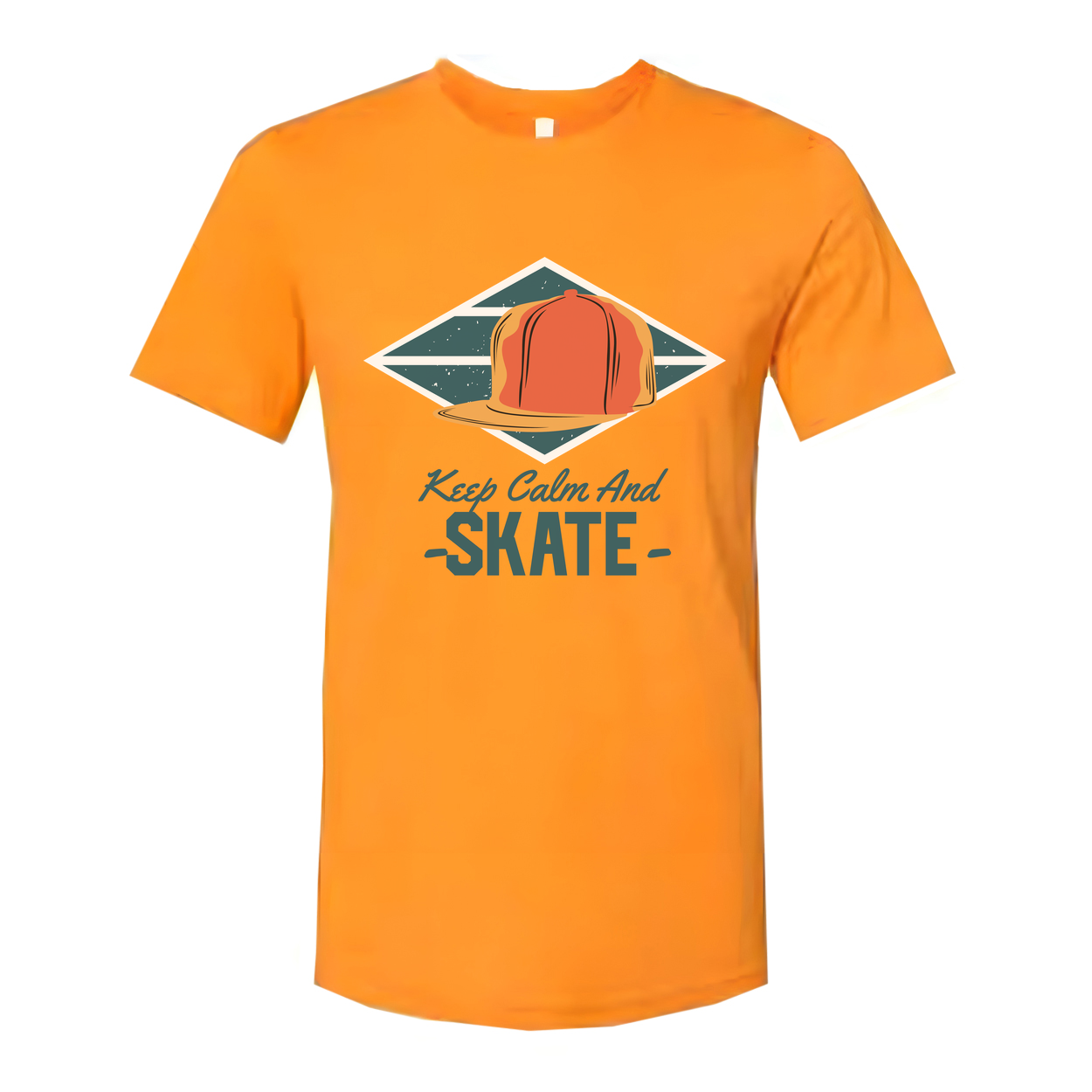 Keep Calm And Skate Graphic Tee With Orange Cap Inside Teal Diamond Frame For Streetwear Style