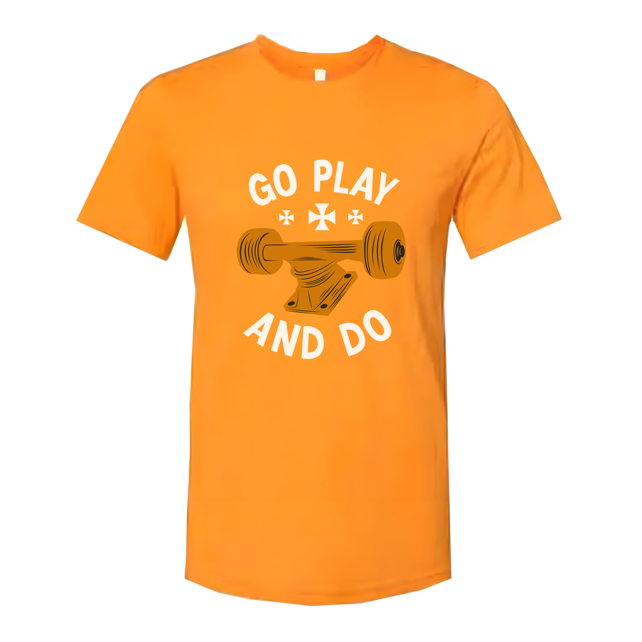 Unisex Skateboard Graphic Tee With Orange Deck Illustration And Go Play And Do Motto