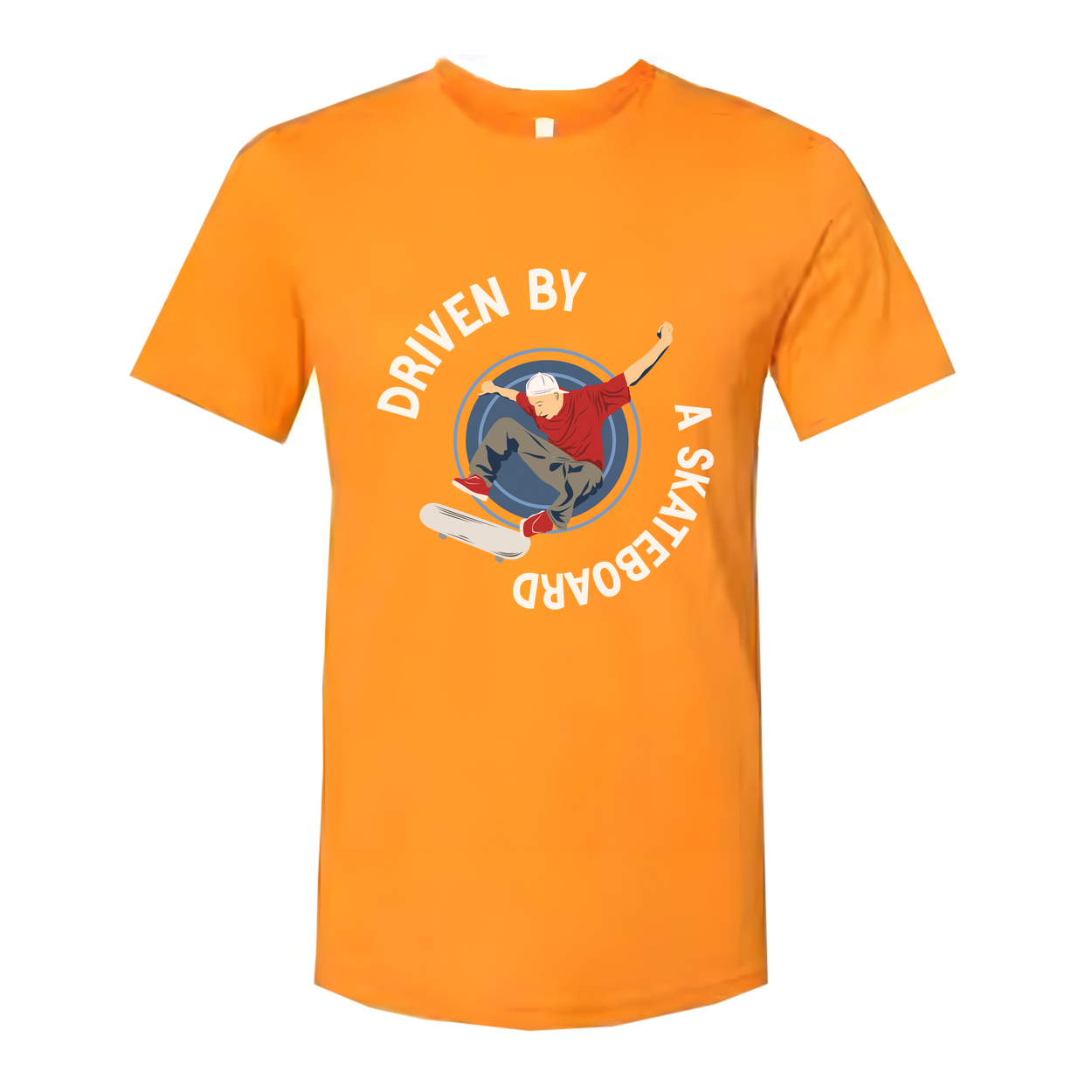 Skateboarder Graphic Tee With Circular Emblem Reading Driven By A Skateboard For Unisex Short Sleeve Shirt