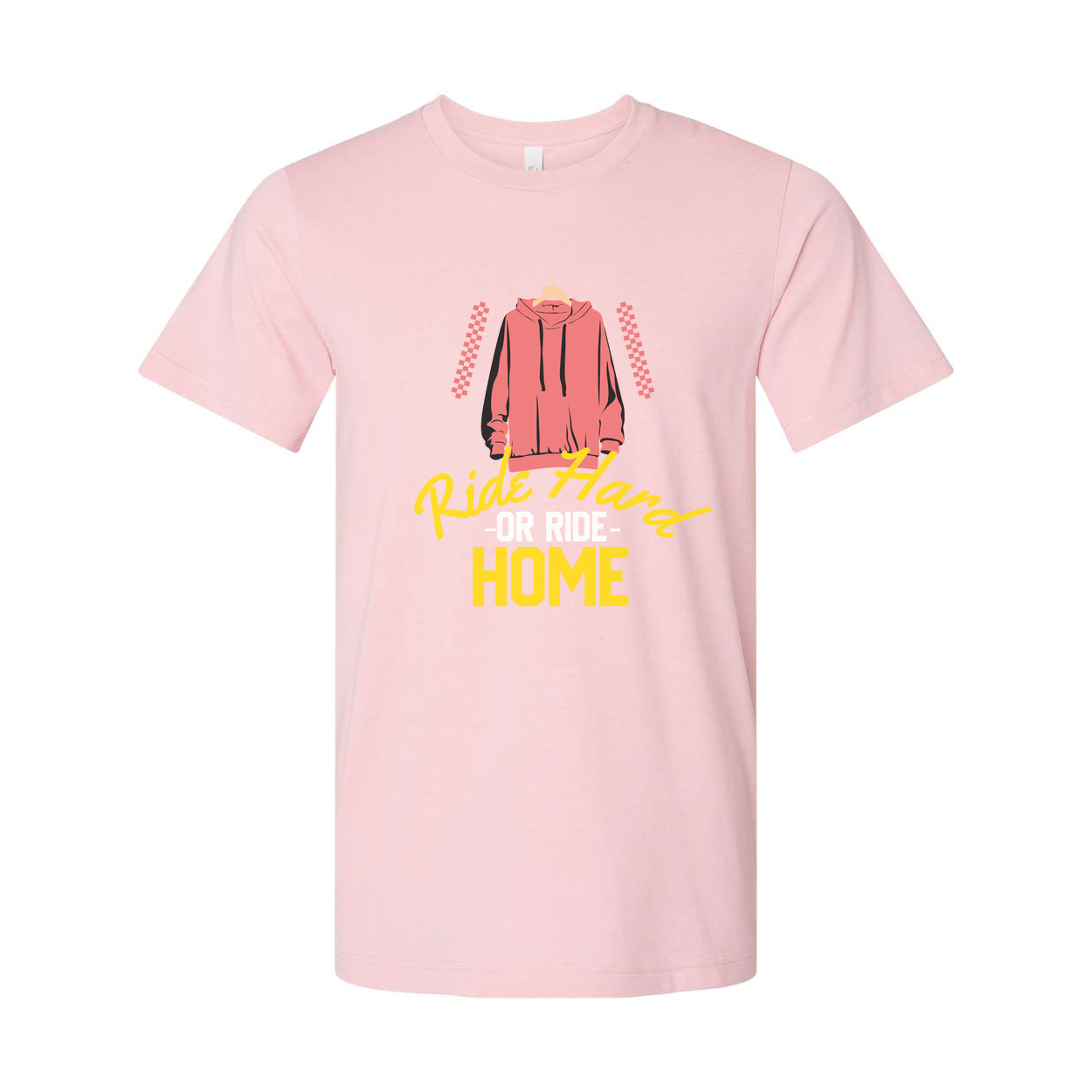 Unisex Skateboard Graphic Tee With Pink Hoodie Illustration And Ride Hard Or Ride Home Text