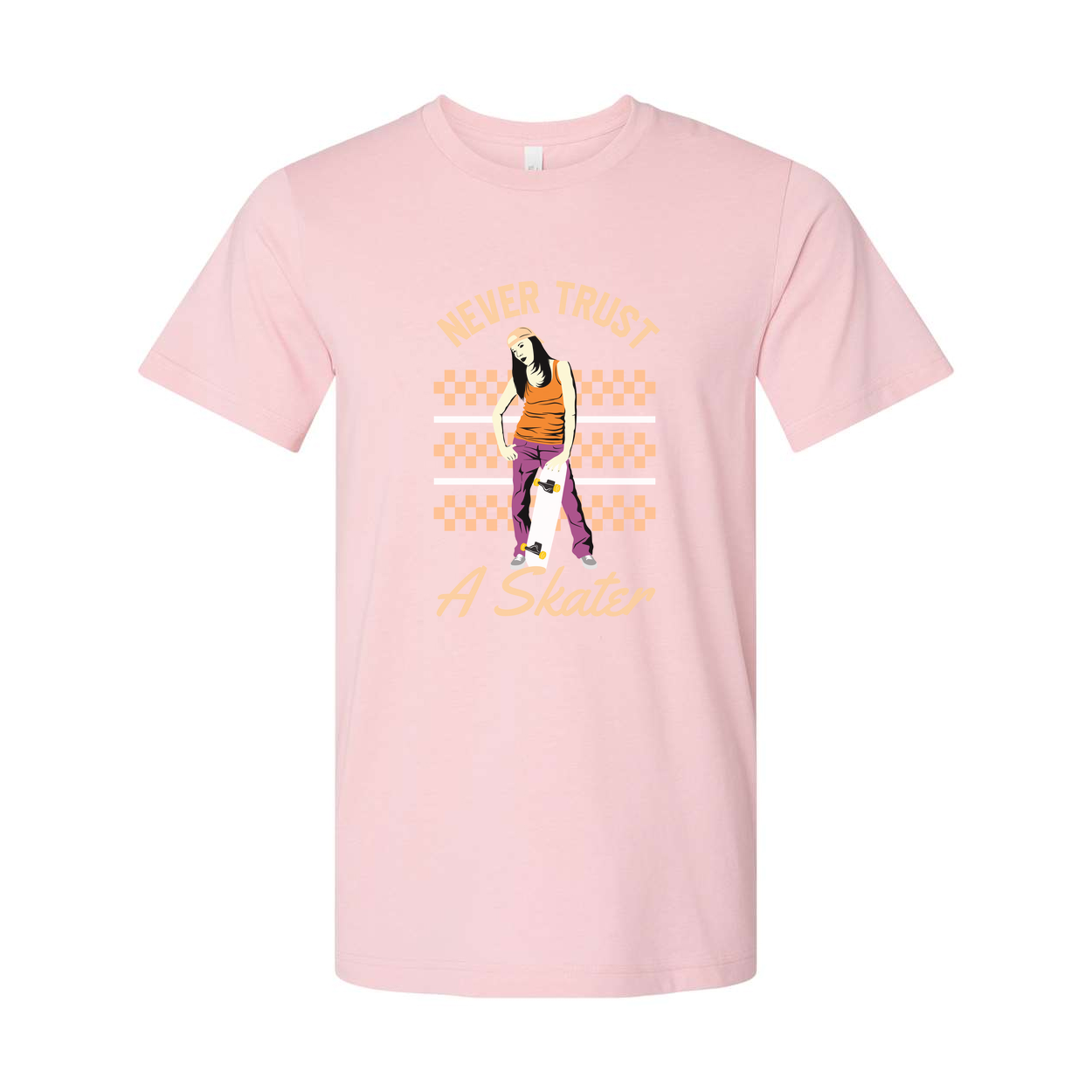 Never Trust A Skater Graphic Tee Featuring Female Skateboarder In Orange Pants And Checkerboard Background