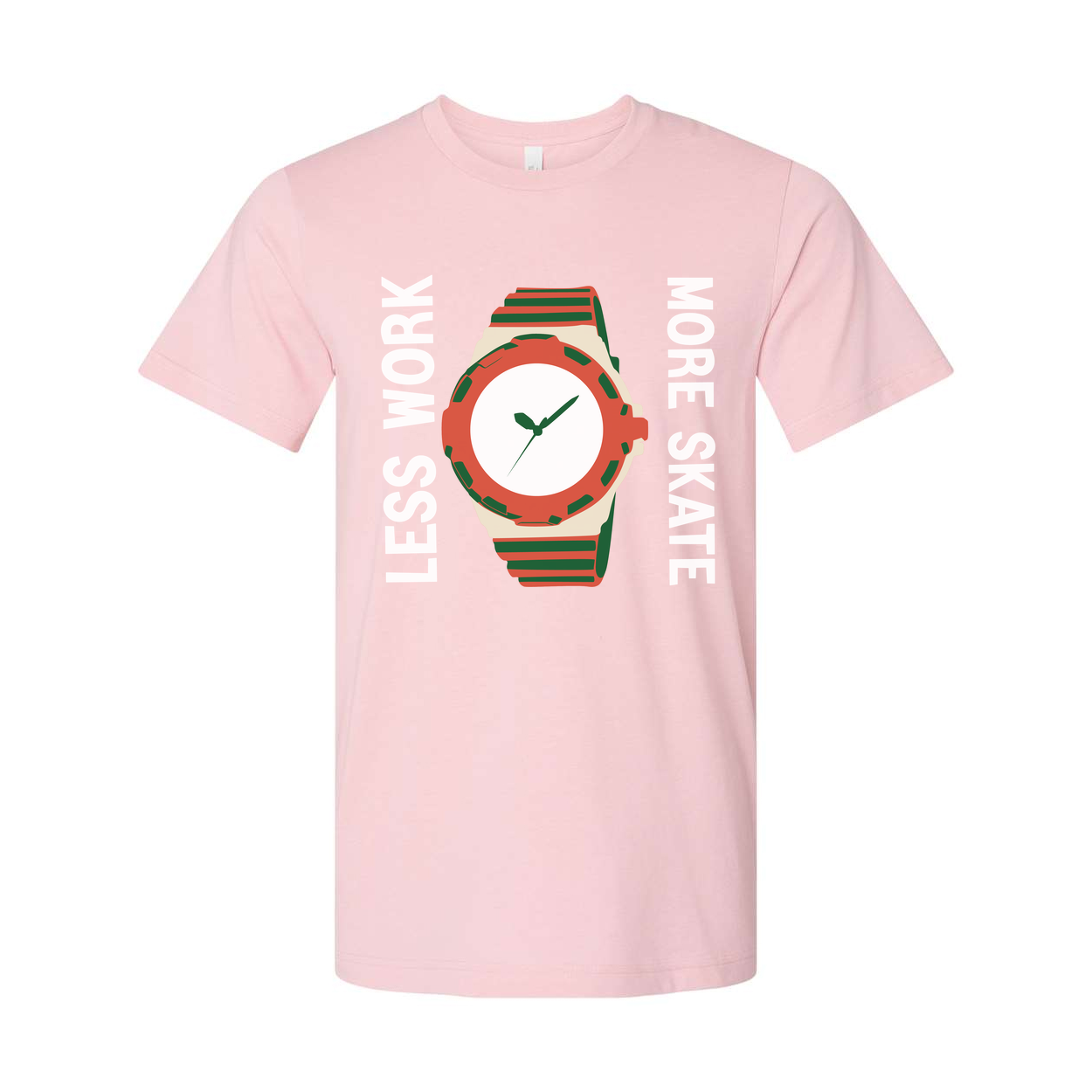 Unisex Skateboard Graphic T Shirt With Colorful Watch Illustration And Less Work More Skate Slogan