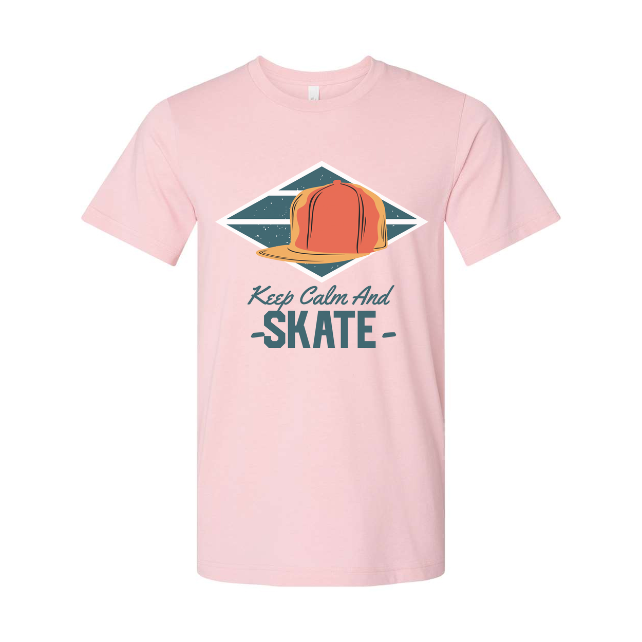 Keep Calm And Skate Graphic Tee With Orange Cap Inside Teal Diamond Frame For Streetwear Style