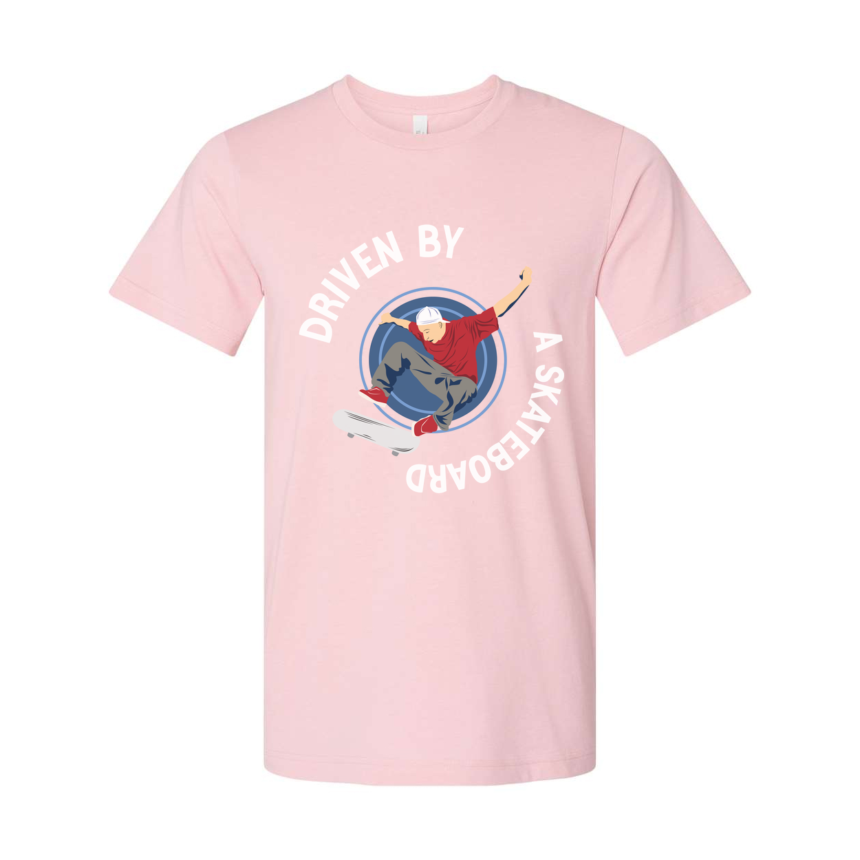 Skateboarder Graphic Tee With Circular Emblem Reading Driven By A Skateboard For Unisex Short Sleeve Shirt
