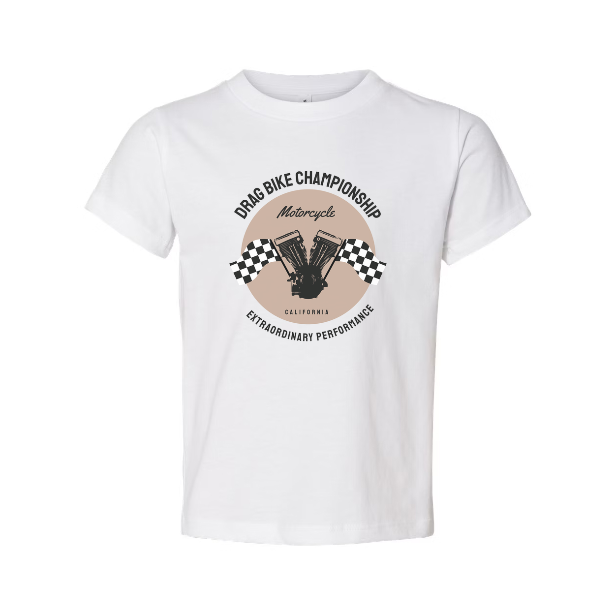 Drag Bike Championship Motorcycle Graphic Tee Unisex California Engine Artwork With Checkered Flags