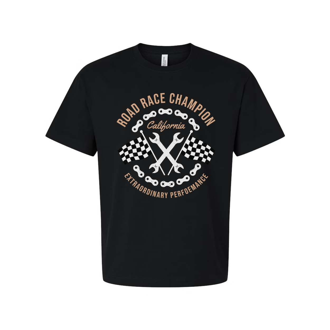Road Race Champion Motorcycle Tee With California Emblem And Checkered Flags Design