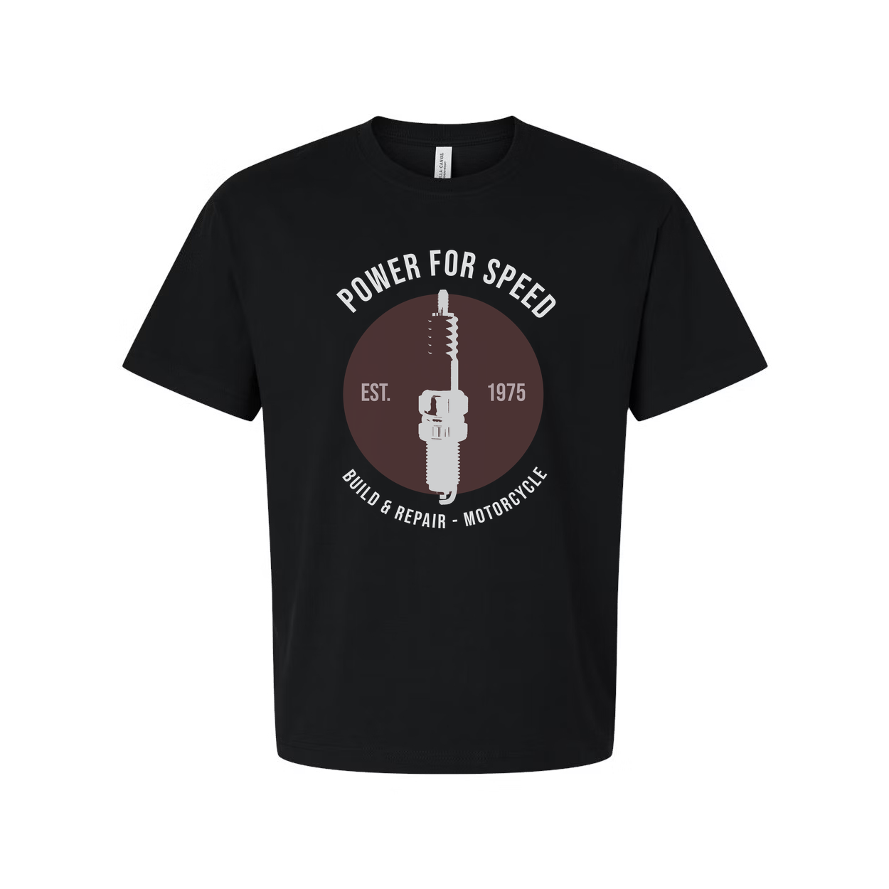 Power For Speed Motorcycle Emblem Unisex T Shirt With Spark Plug Circle Design Est. 1975