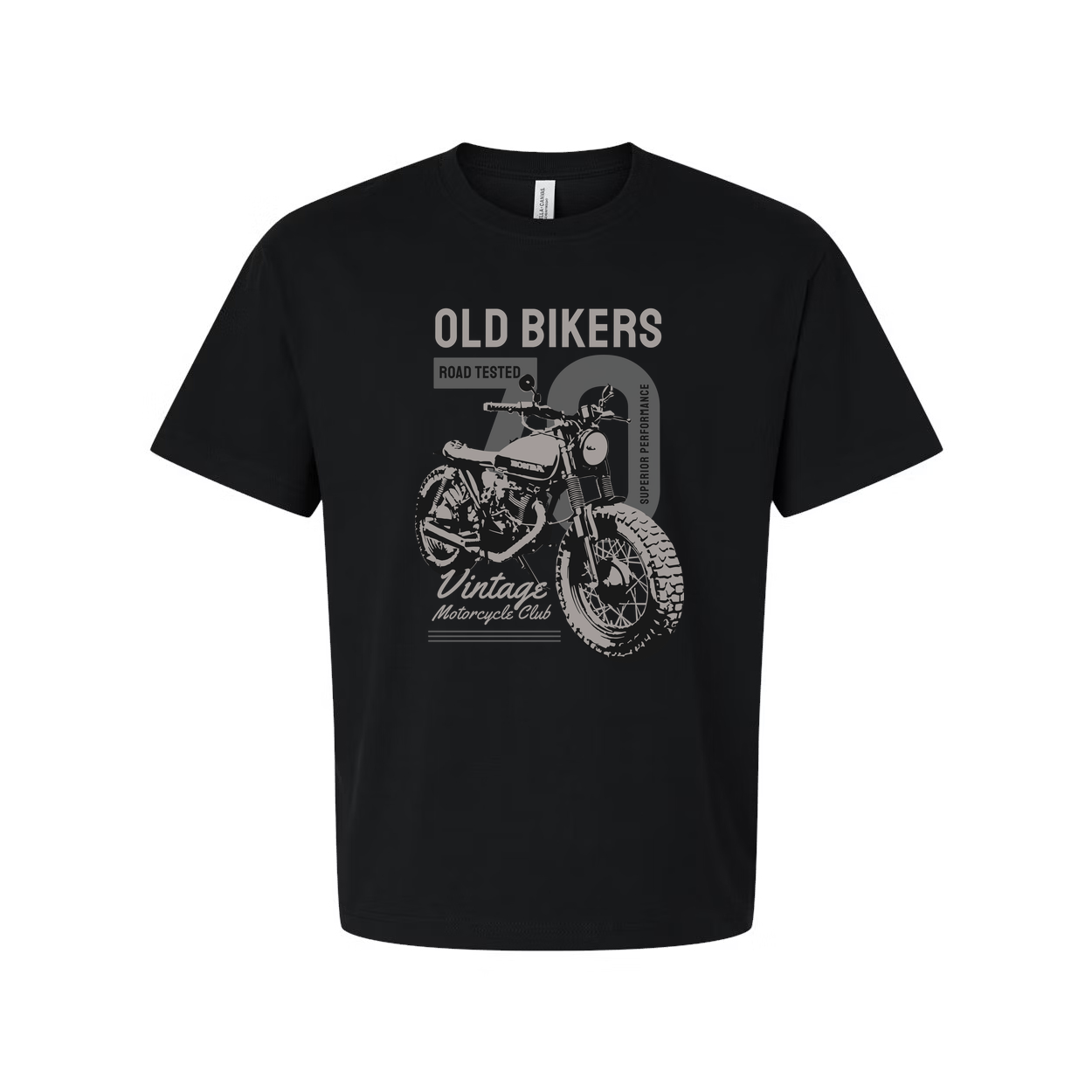 Old Bikers Road Tested Vintage Motorcycle Club Graphic Tee Featuring Classic Motorcycle Illustration