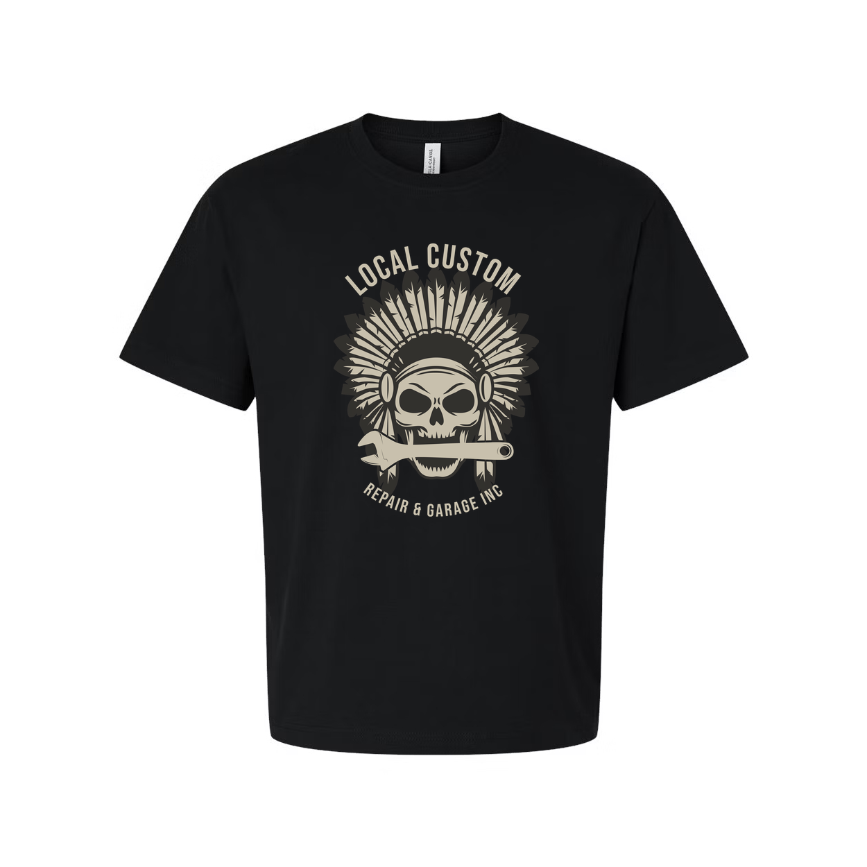 Unisex Motorcycle Skull Headdress Tee With Wrench Emblem And Local Custom Garage Logo Design