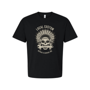 Unisex Motorcycle Skull Headdress Tee With Wrench Emblem And Local Custom Garage Logo Design