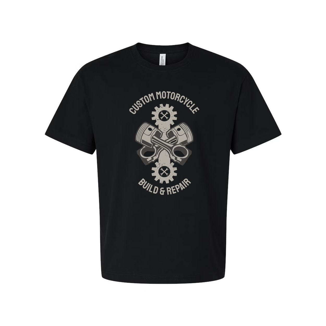 Custom Motorcycle Build And Repair Graphic Tee With Piston And Gear Emblems For Unisex Wear
