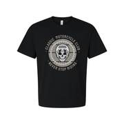 Unisex Classic Motorcycle Club Graphic Tee Featuring Never Stop Riding Emblem And Helmet Motif