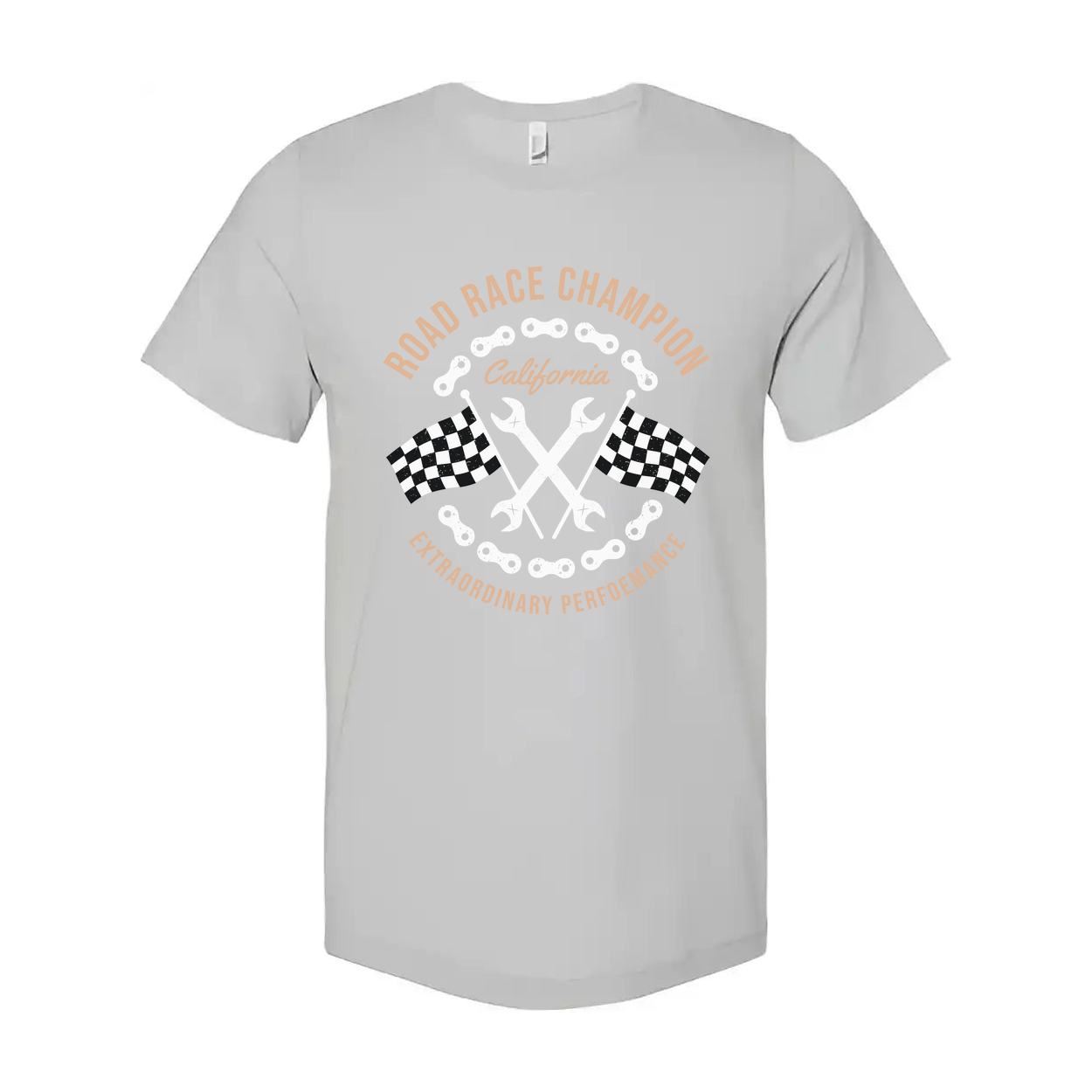 Road Race Champion Motorcycle Tee With California Emblem And Checkered Flags Design