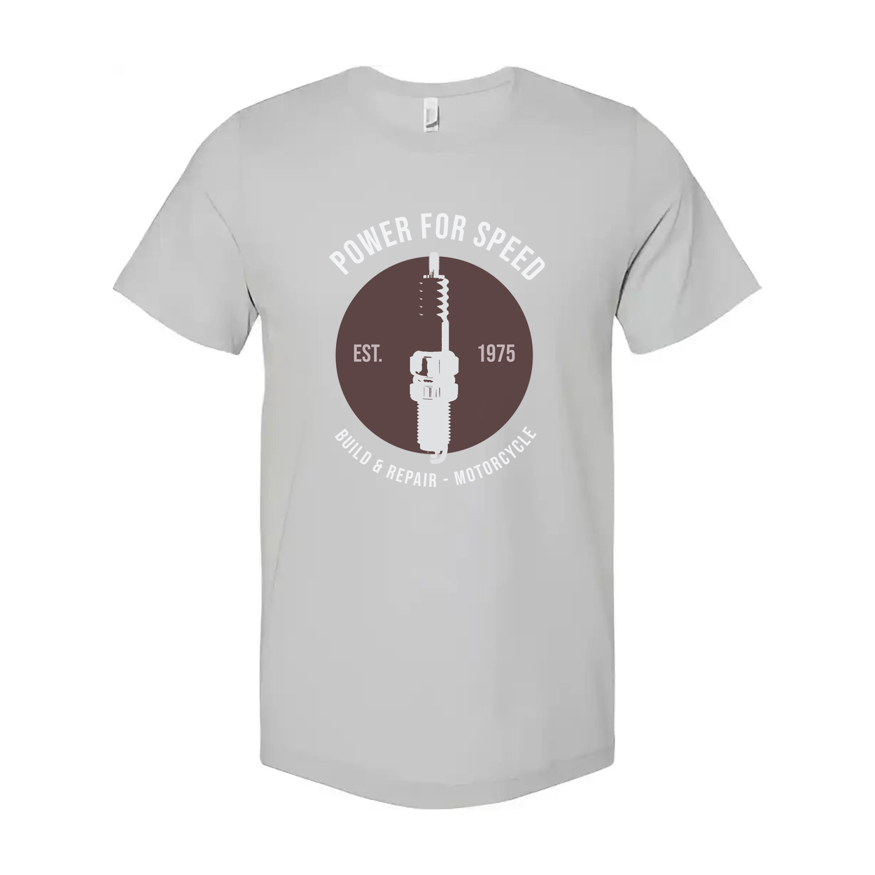 Power For Speed Motorcycle Emblem Unisex T Shirt With Spark Plug Circle Design Est. 1975