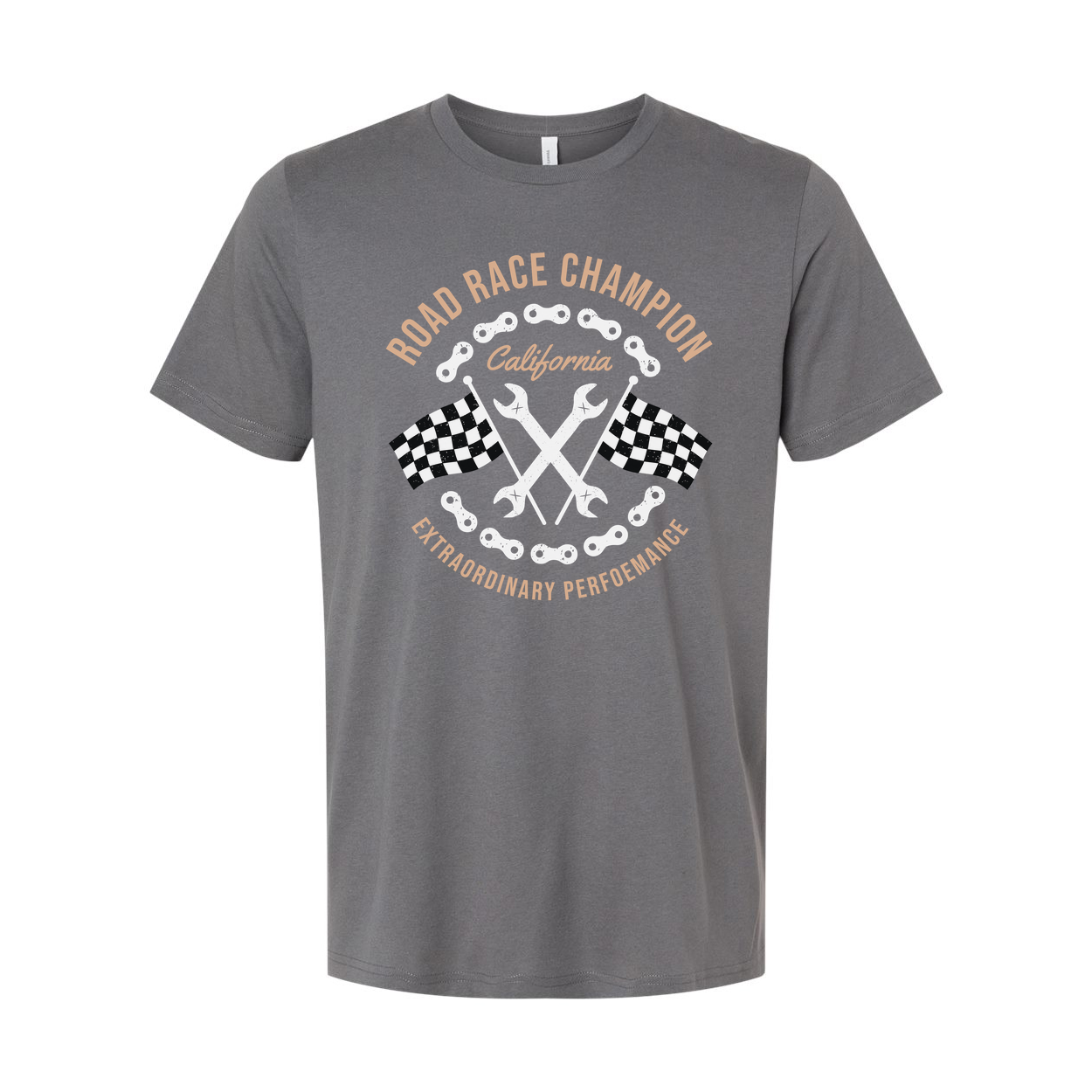 Road Race Champion Motorcycle Tee With California Emblem And Checkered Flags Design