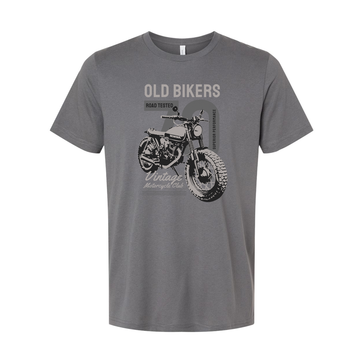 Old Bikers Road Tested Vintage Motorcycle Club Graphic Tee Featuring Classic Motorcycle Illustration