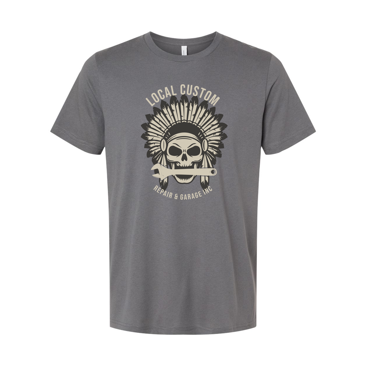 Unisex Motorcycle Skull Headdress Tee With Wrench Emblem And Local Custom Garage Logo Design