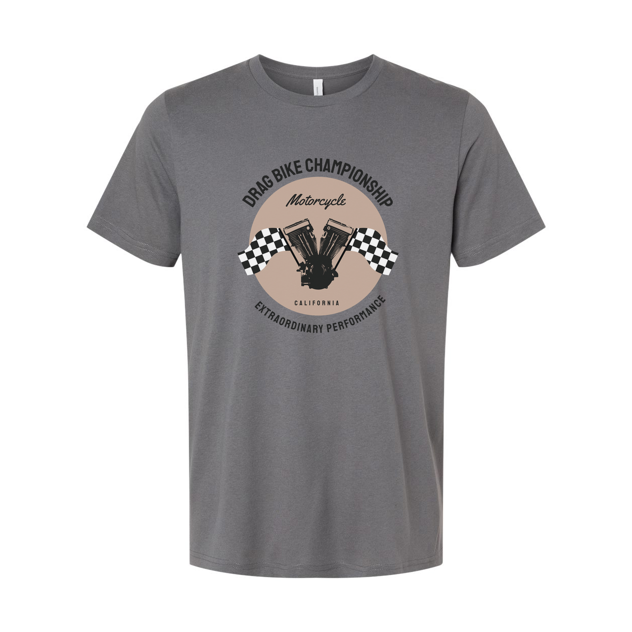 Drag Bike Championship Motorcycle Graphic Tee Unisex California Engine Artwork With Checkered Flags