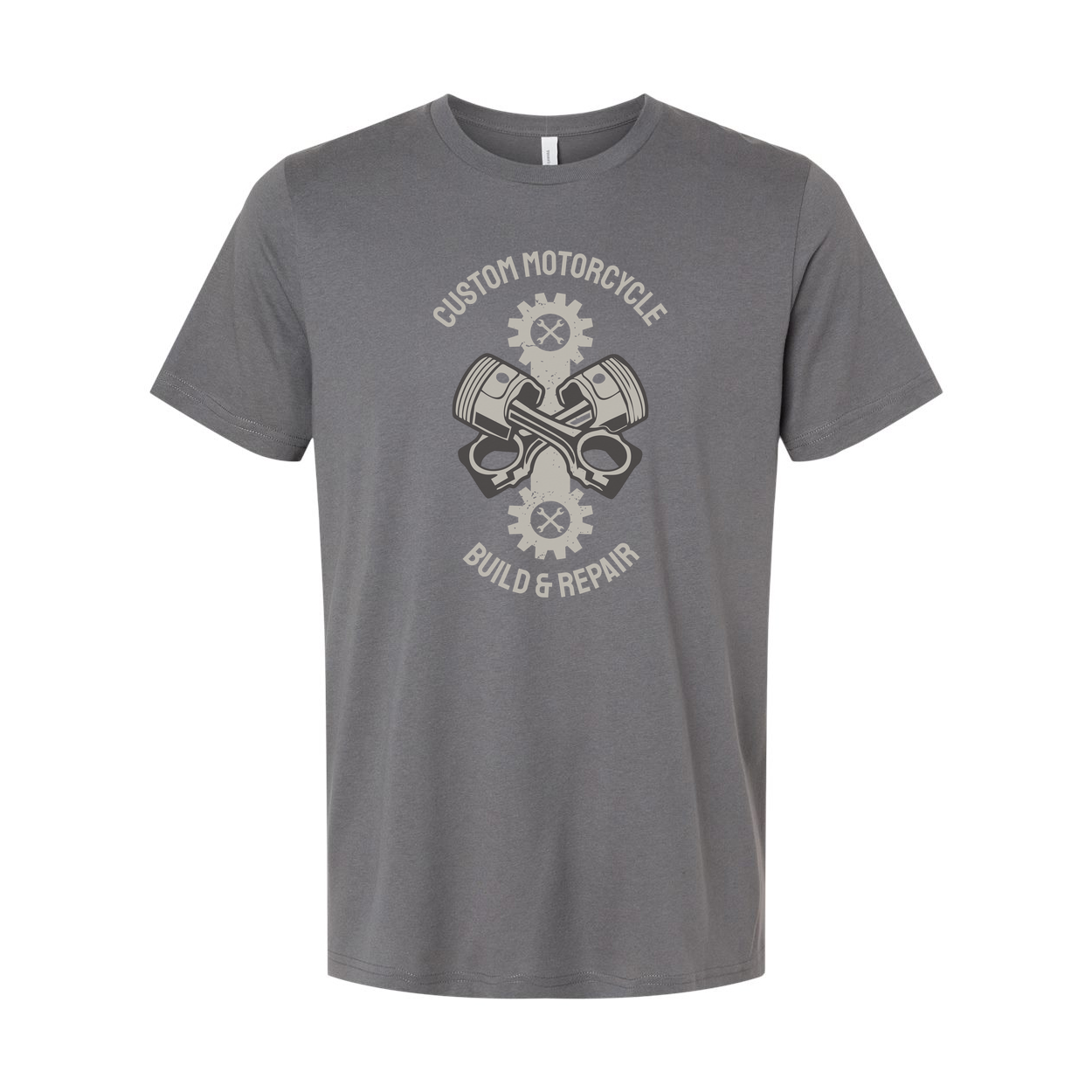 Custom Motorcycle Build And Repair Graphic Tee With Piston And Gear Emblems For Unisex Wear