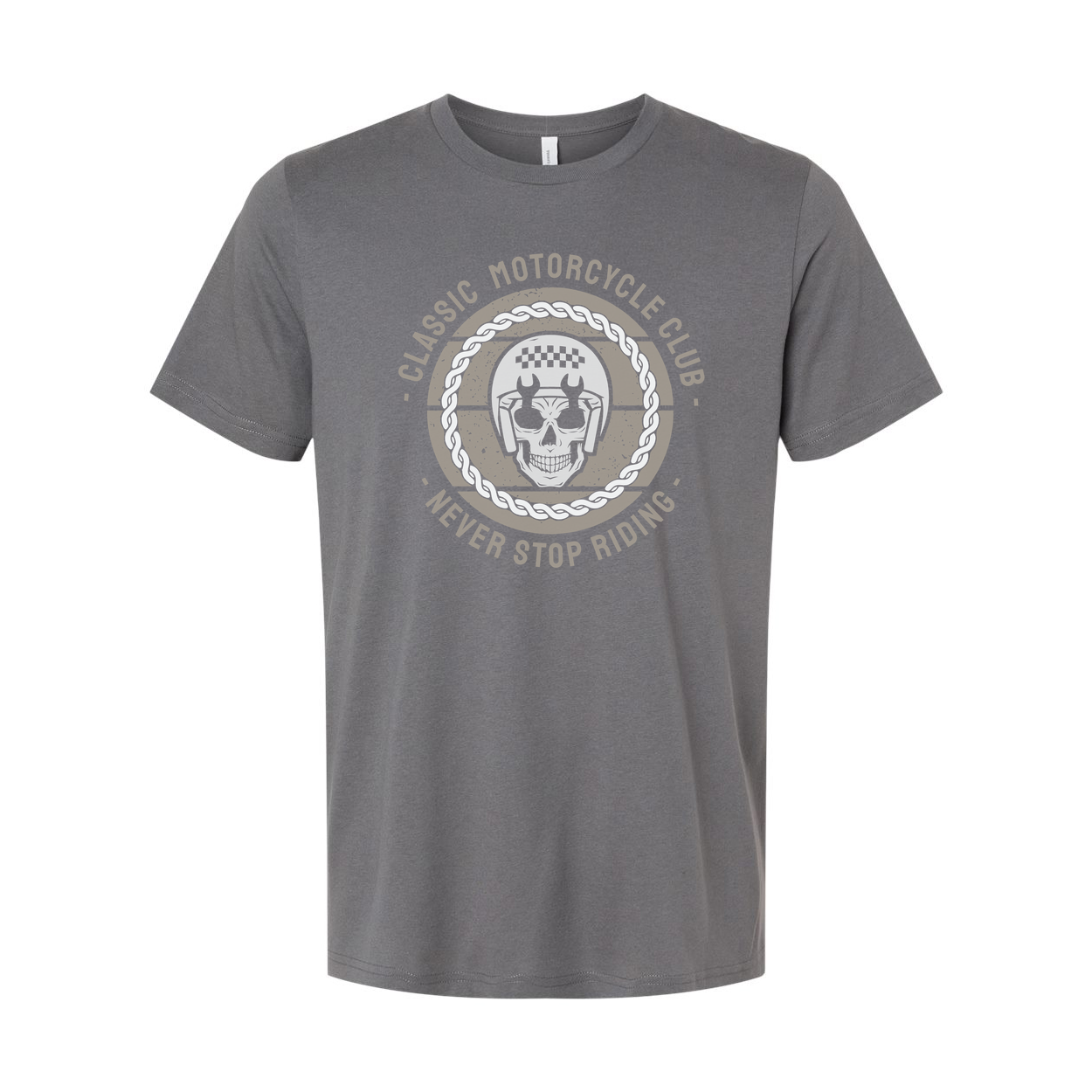 Unisex Classic Motorcycle Club Graphic Tee Featuring Never Stop Riding Emblem And Helmet Motif