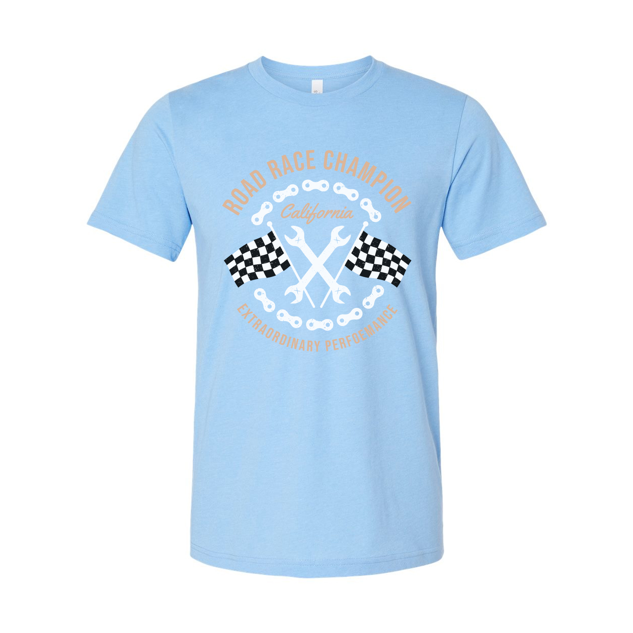 Road Race Champion Motorcycle Tee With California Emblem And Checkered Flags Design