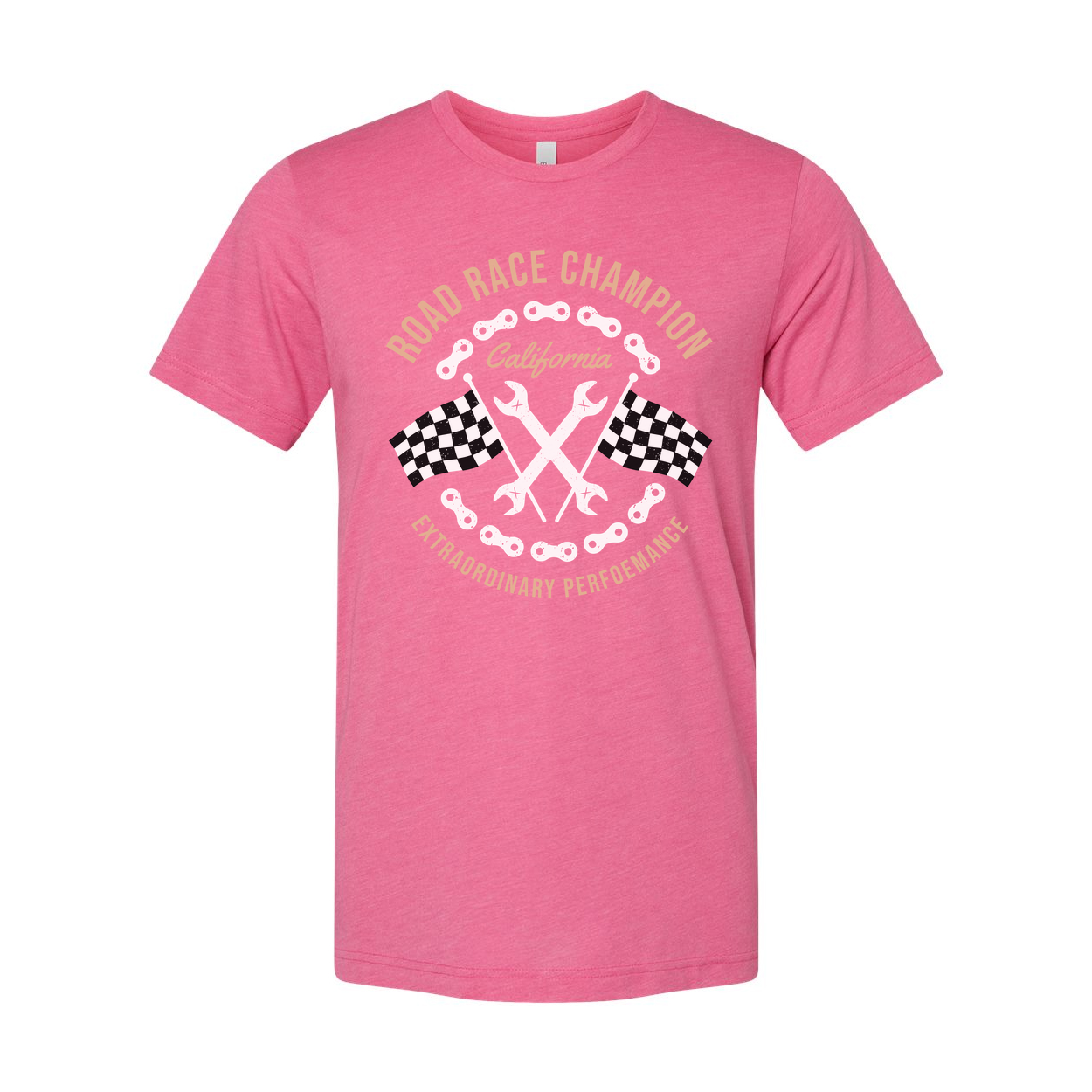 Road Race Champion Motorcycle Tee With California Emblem And Checkered Flags Design