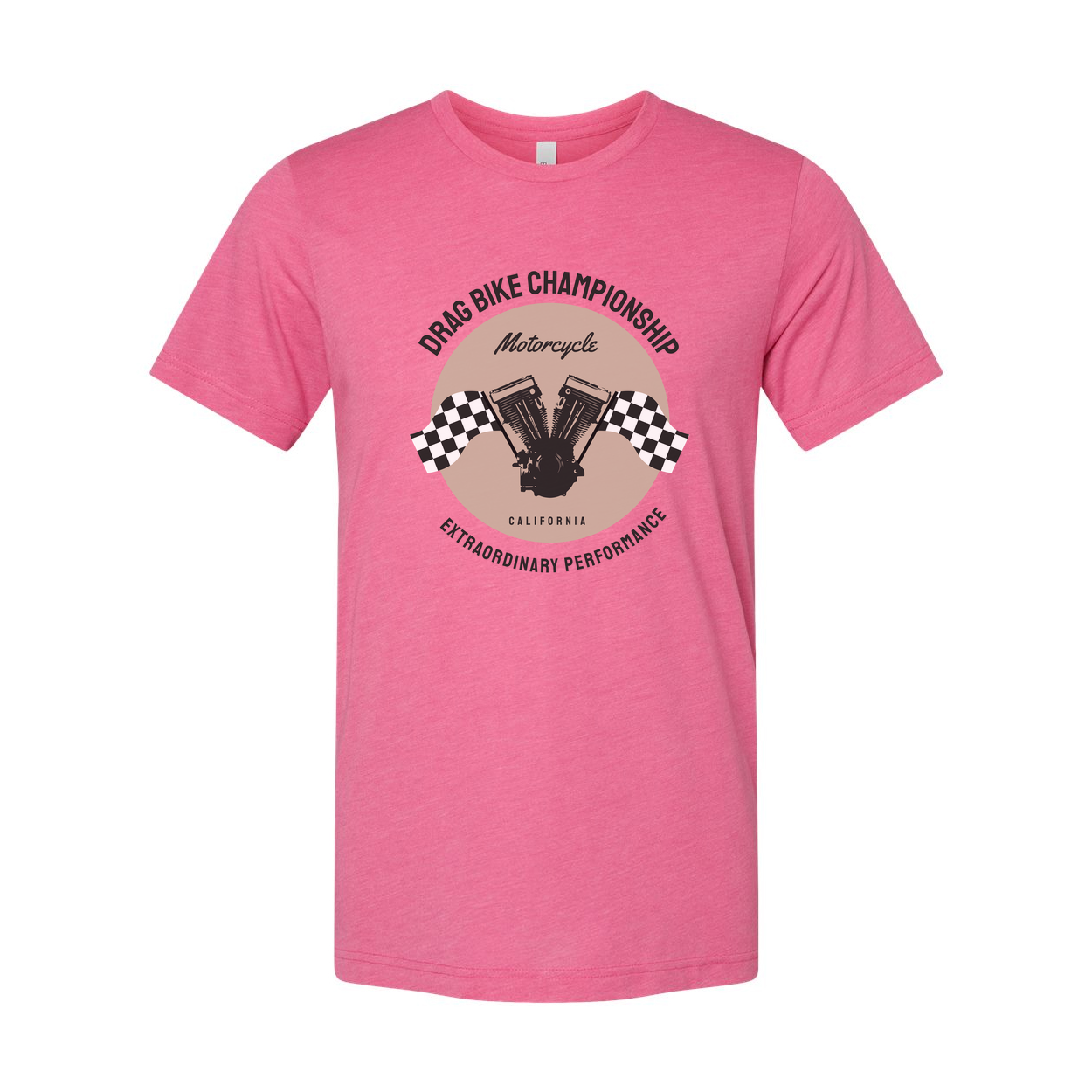 Drag Bike Championship Motorcycle Graphic Tee Unisex California Engine Artwork With Checkered Flags