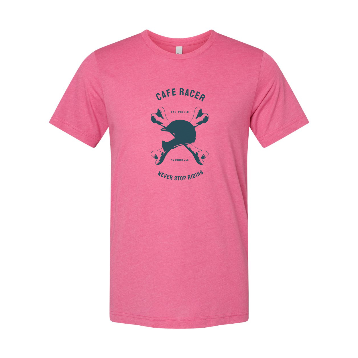 Cafe Racer Motorcycle Graphic Tee For Unisex Riders Featuring Classic Helmet And Crossed Wheels Motif Never Stop Riding