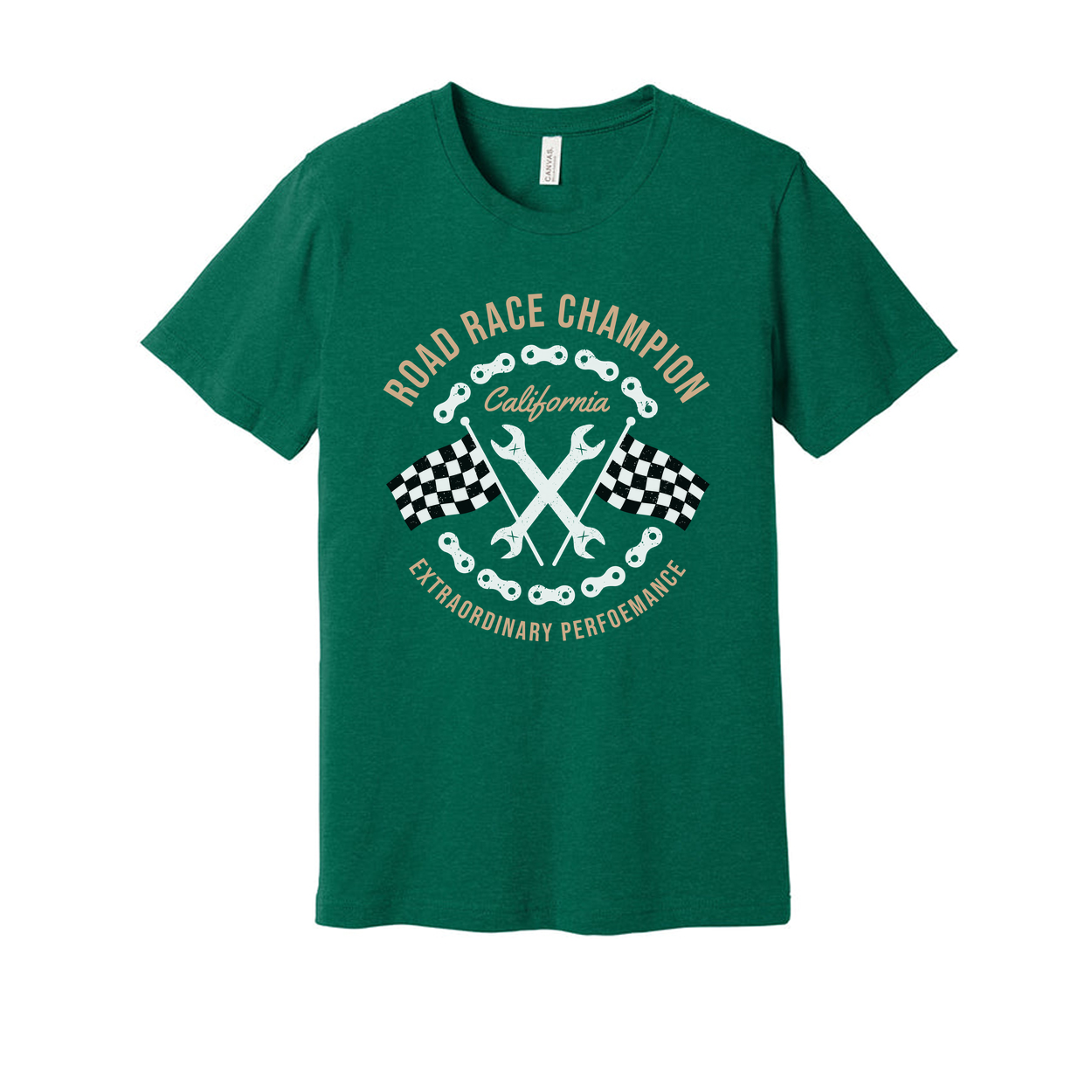 Road Race Champion Motorcycle Tee With California Emblem And Checkered Flags Design
