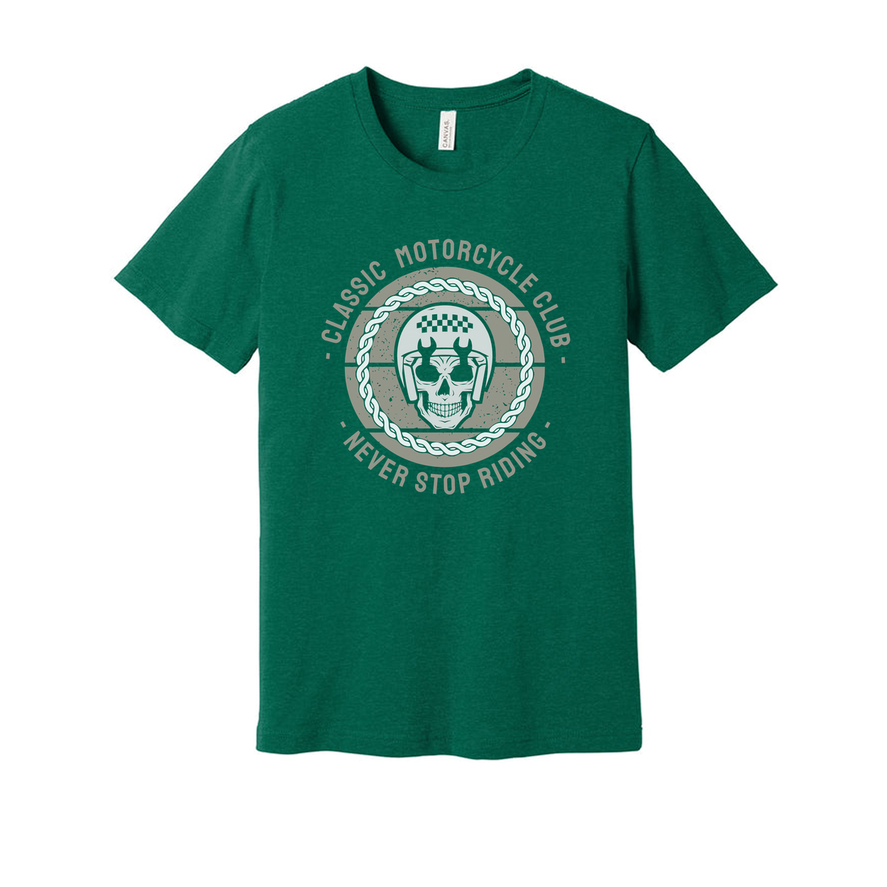 Unisex Classic Motorcycle Club Graphic Tee Featuring Never Stop Riding Emblem And Helmet Motif