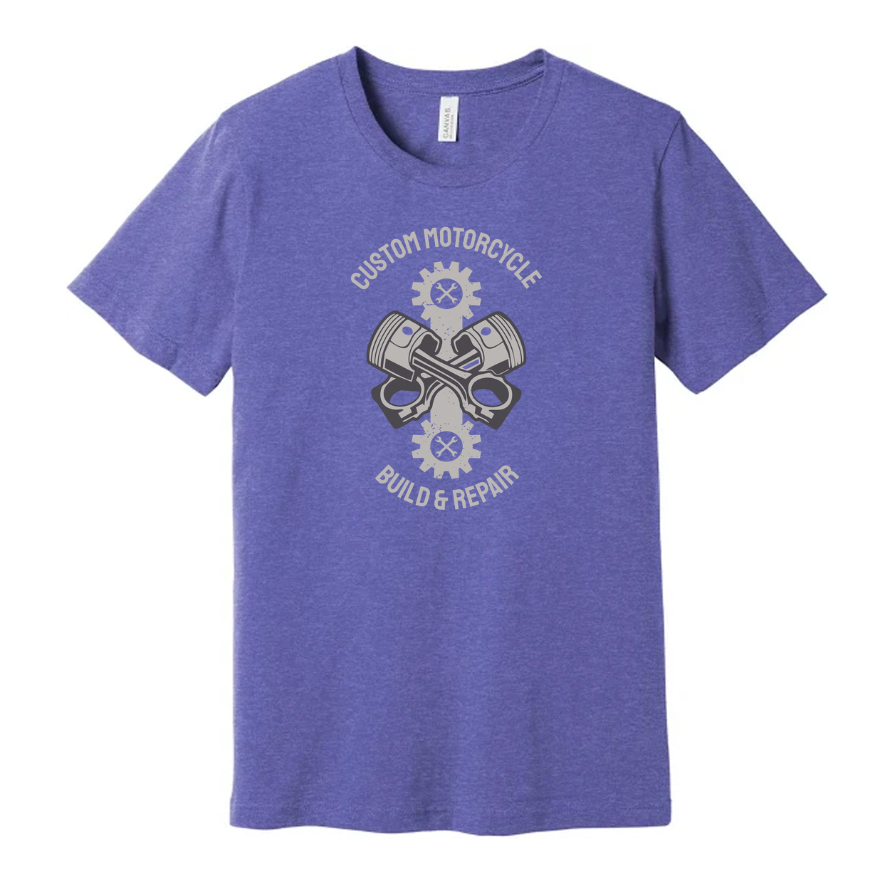 Custom Motorcycle Build And Repair Graphic Tee With Piston And Gear Emblems For Unisex Wear