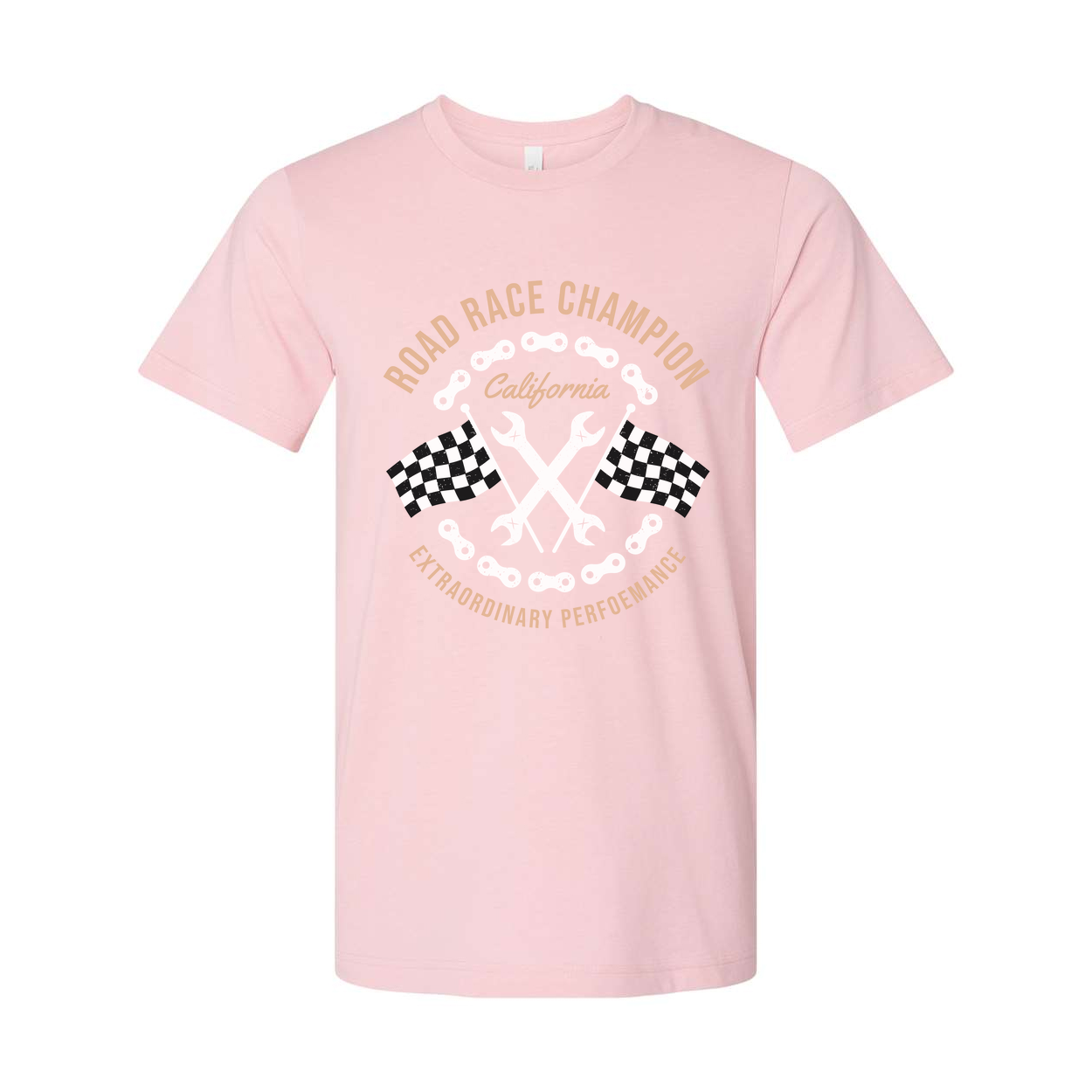 Road Race Champion Motorcycle Tee With California Emblem And Checkered Flags Design