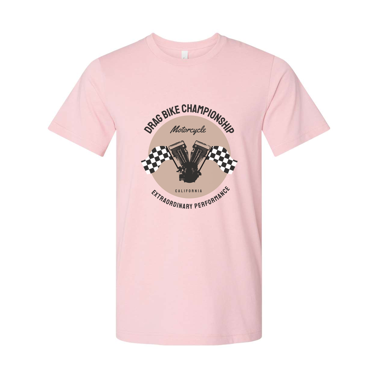 Drag Bike Championship Motorcycle Graphic Tee Unisex California Engine Artwork With Checkered Flags