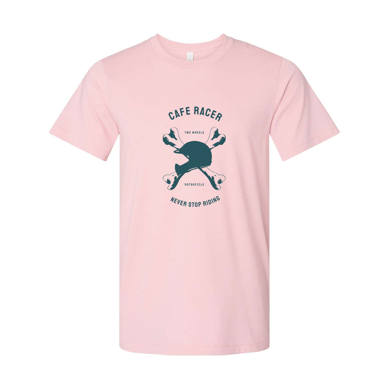 Cafe Racer Motorcycle Graphic Tee For Unisex Riders Featuring Classic Helmet And Crossed Wheels Motif Never Stop Riding