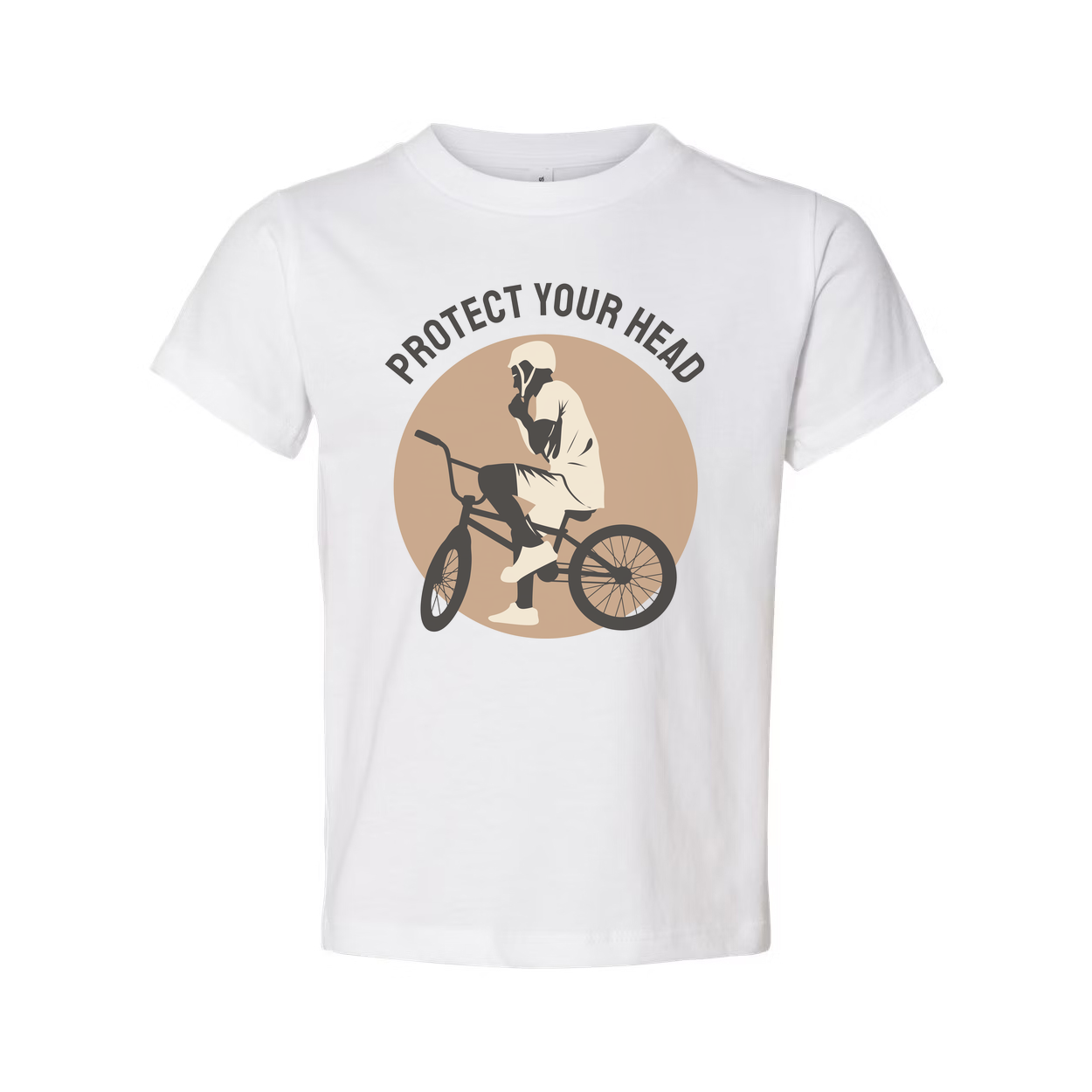 Protect Your Head Bicycle Safety Graphic Tee Featuring Rider On Bike Circle Design For Active Riders