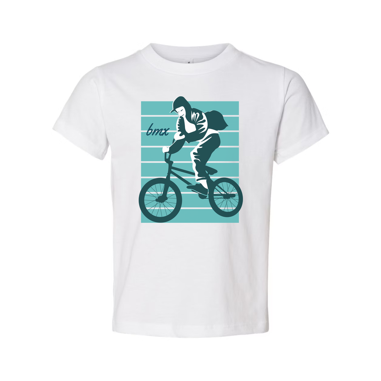 BMX Rider Silhouette Graphic Tee For Unisex Adults With Retro Teal Striped Background
