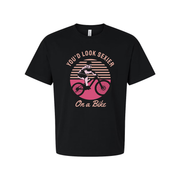 Unisex Bicycle Rider Graphic Tee With Retro Sunset Circle Design For Cycling Enthusiasts