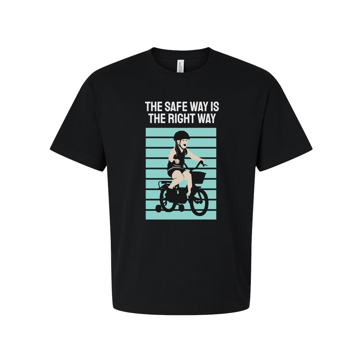 Bike Rider Graphic T Shirt With The Safe Way Is The Right Way Message And Turquoise Striped Backdrop