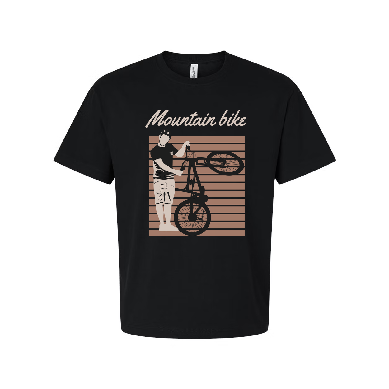 Unisex Mountain Bike Graphic Tee Featuring Rider Lifting Bike Against Retro Striped Background Artwork