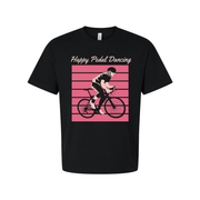Unisex Bicycle Rider Graphic Tee With Pink Stripes Background And Happy Pedal Dancing Text
