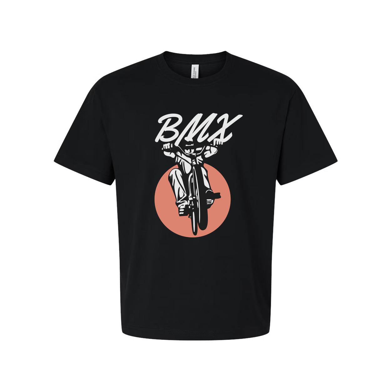 Unisex BMX Bike Graphic T Shirt With Dynamic Rider And Peach Circle Backdrop Illustration