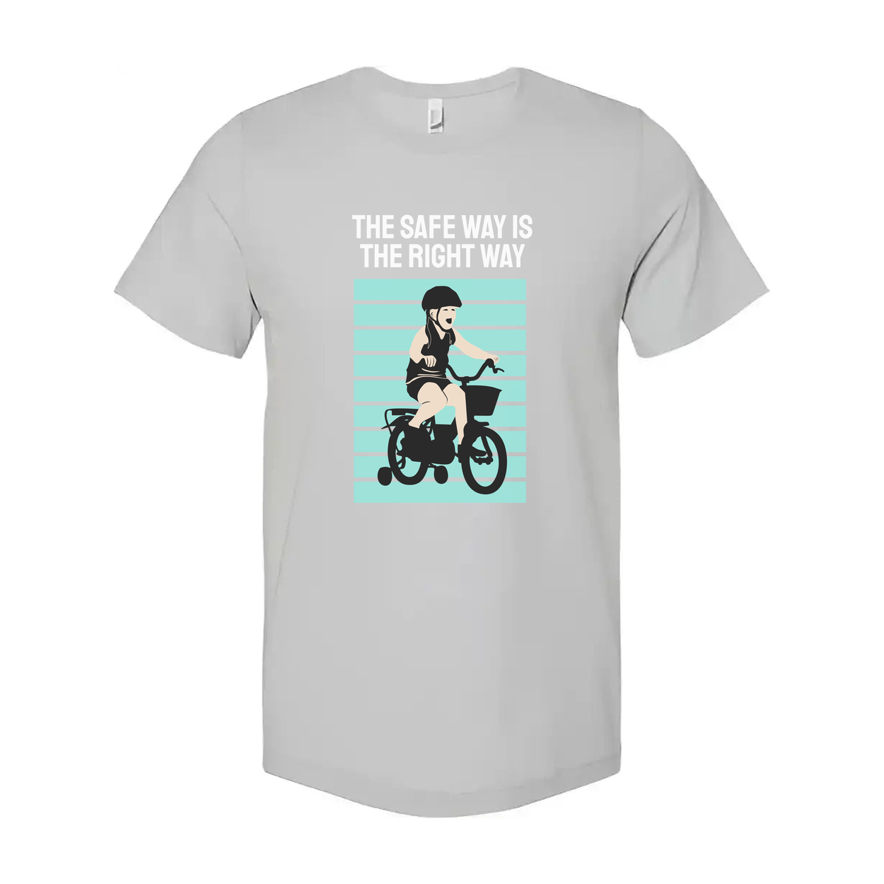 Bike Rider Graphic T Shirt With The Safe Way Is The Right Way Message And Turquoise Striped Backdrop