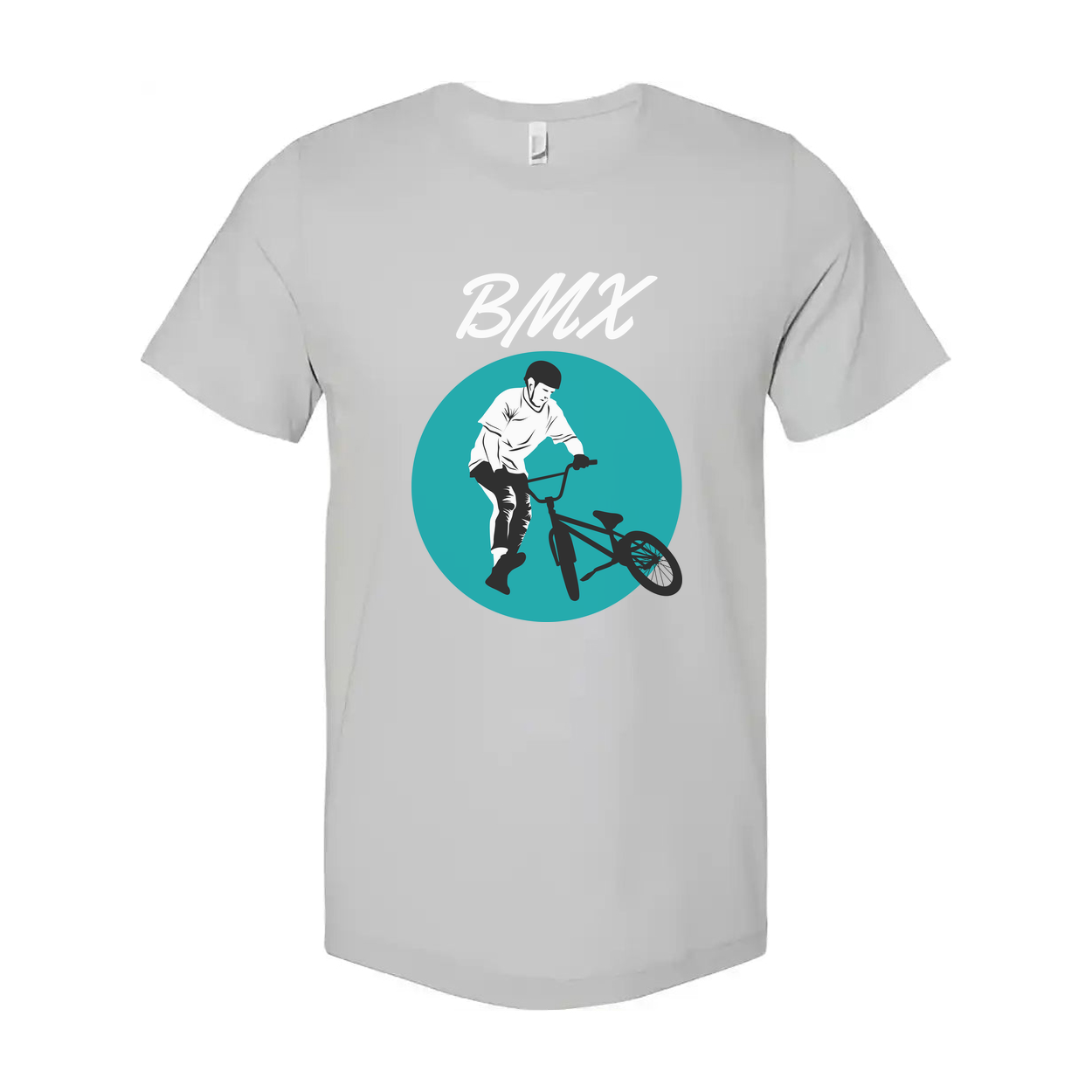 Unisex BMX Rider Graphic T Shirt With Teal Circle Artwork For Biking Enthusiasts