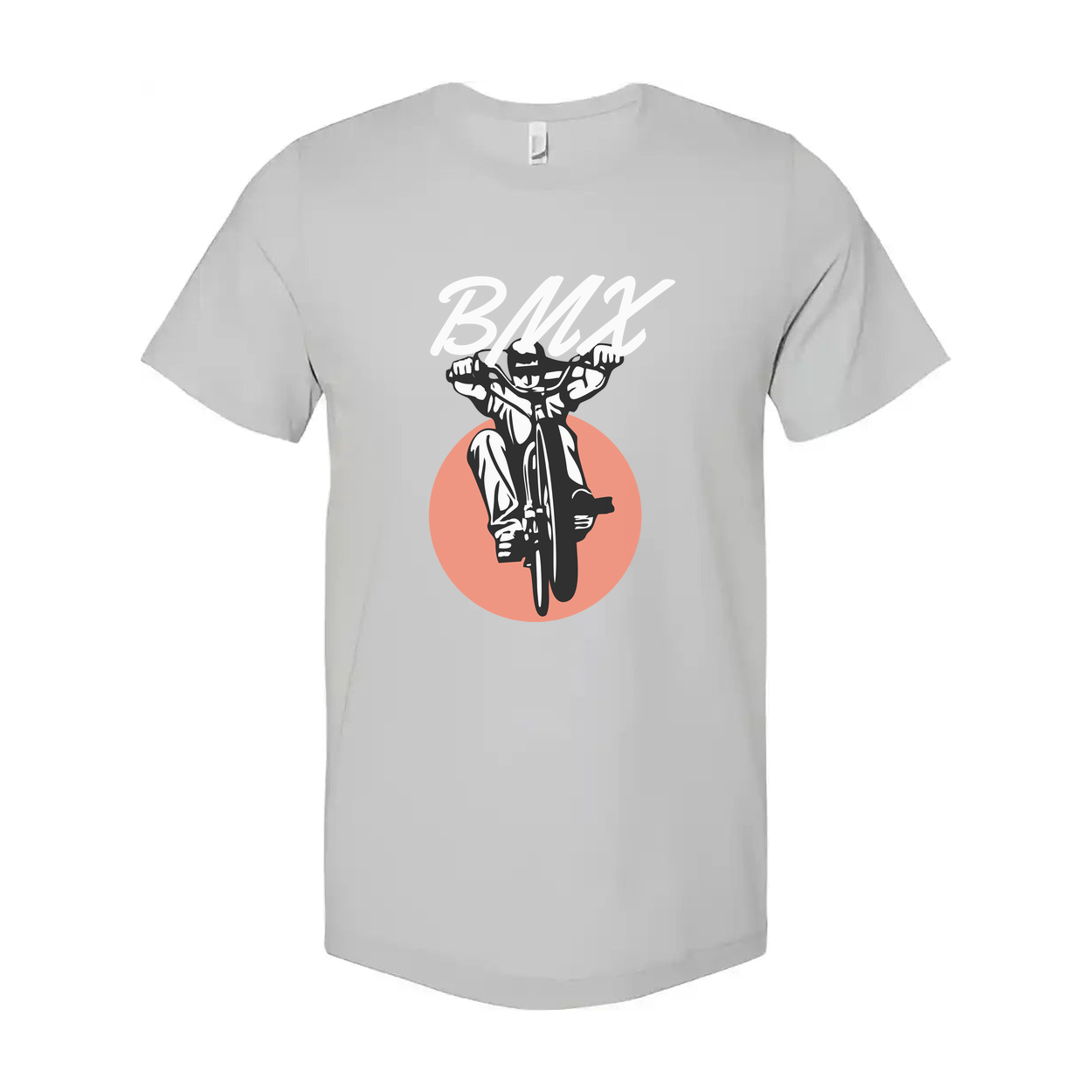 Unisex BMX Bike Graphic T Shirt With Dynamic Rider And Peach Circle Backdrop Illustration