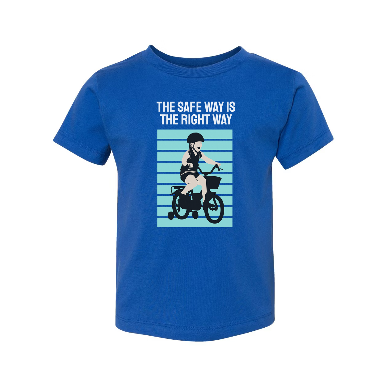 Bike Rider Graphic T Shirt With The Safe Way Is The Right Way Message And Turquoise Striped Backdrop