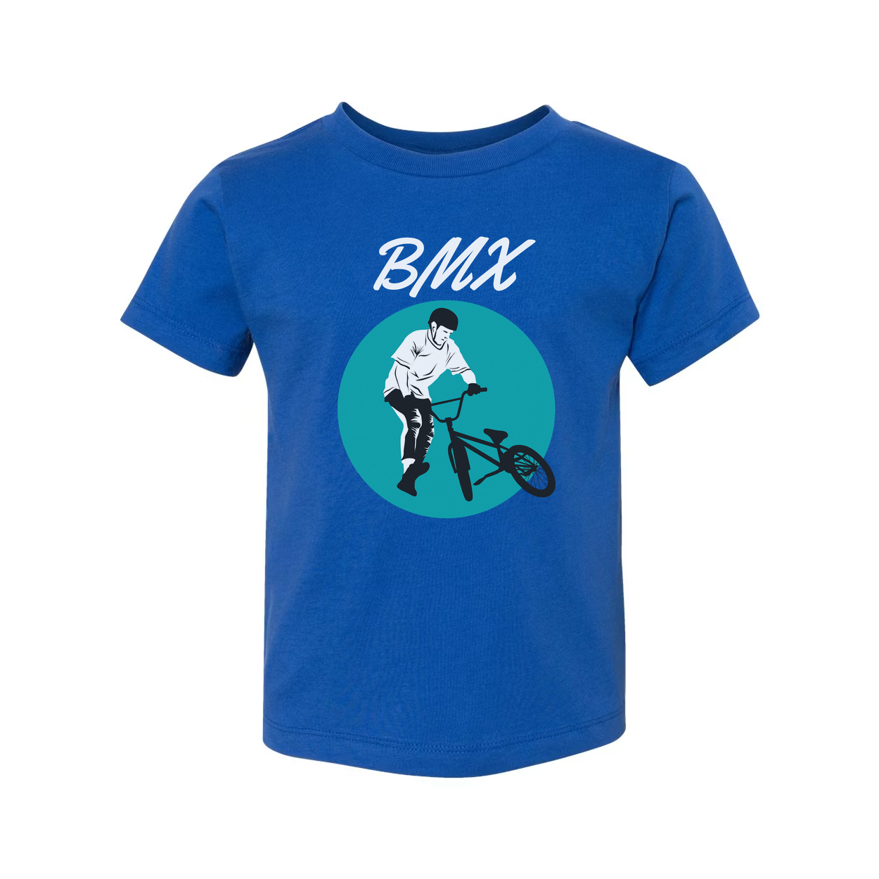 Unisex BMX Rider Graphic T Shirt With Teal Circle Artwork For Biking Enthusiasts
