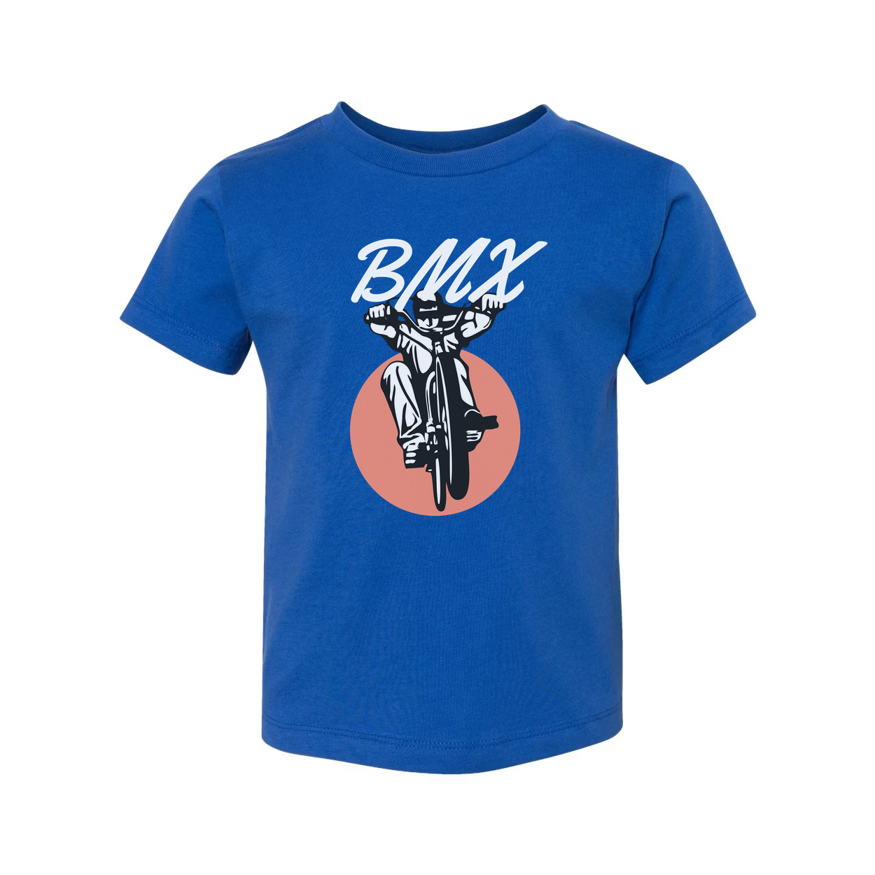 Unisex BMX Bike Graphic T Shirt With Dynamic Rider And Peach Circle Backdrop Illustration