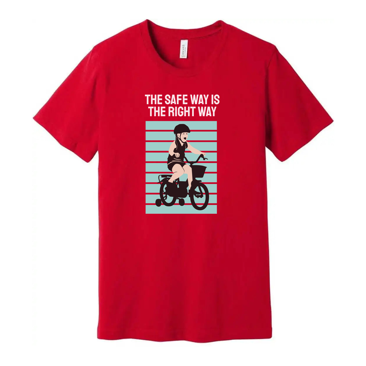 Bike Rider Graphic T Shirt With The Safe Way Is The Right Way Message And Turquoise Striped Backdrop